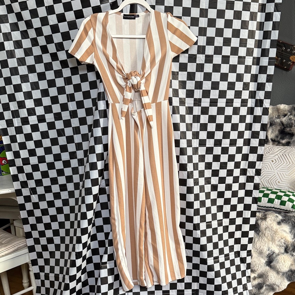 PrettyLittleThing Tan and White Striped Maxi Dress
